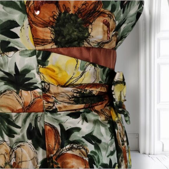 Vintage 50s Boat Neck Fit Flare Dress Size XS Yellow Brown Floral Print Sequin - Picture 7 of 16